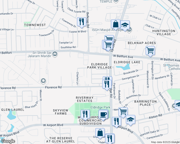 map of restaurants, bars, coffee shops, grocery stores, and more near 2738 Charles Lane in Sugar Land