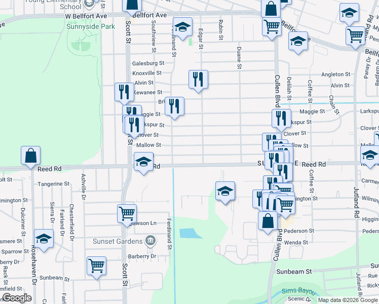 map of restaurants, bars, coffee shops, grocery stores, and more near 4346 Mallow Street in Houston