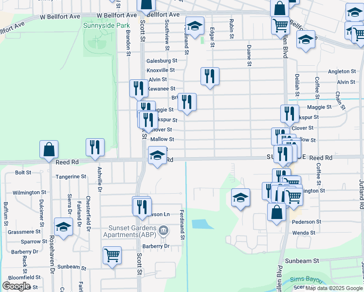 map of restaurants, bars, coffee shops, grocery stores, and more near 4300 Mallow Street in Houston