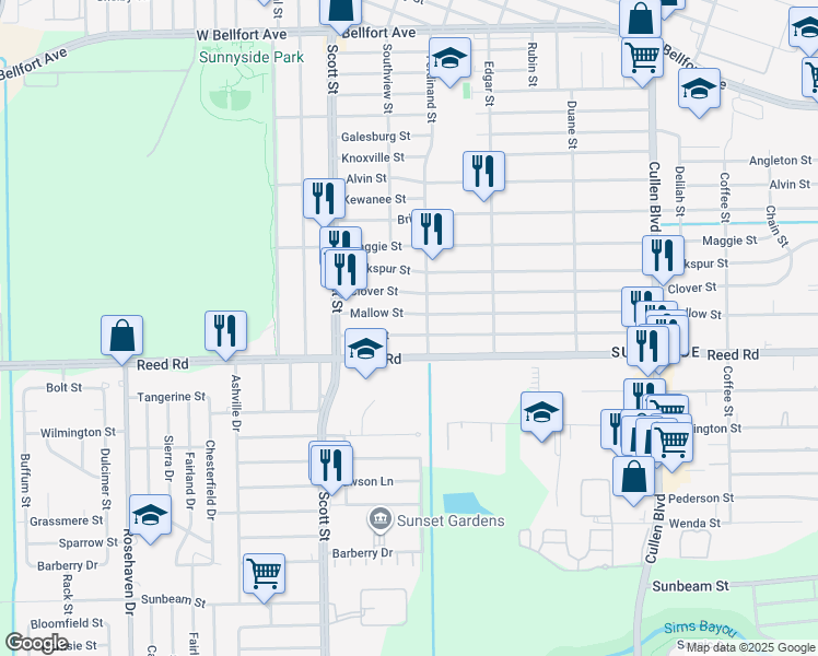 map of restaurants, bars, coffee shops, grocery stores, and more near 4206 Mallow Street in Houston