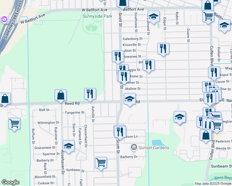 map of restaurants, bars, coffee shops, grocery stores, and more near 9116 Scott Street in Houston