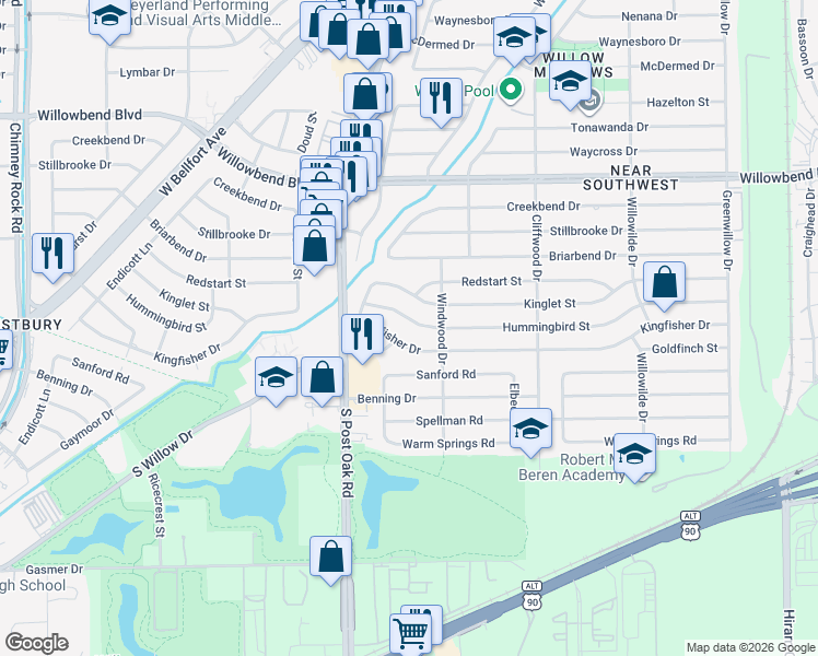 map of restaurants, bars, coffee shops, grocery stores, and more near 4825 Hummingbird Street in Houston