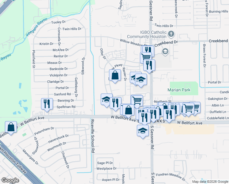 map of restaurants, bars, coffee shops, grocery stores, and more near 8942 Westbrae Gardens Court in Houston