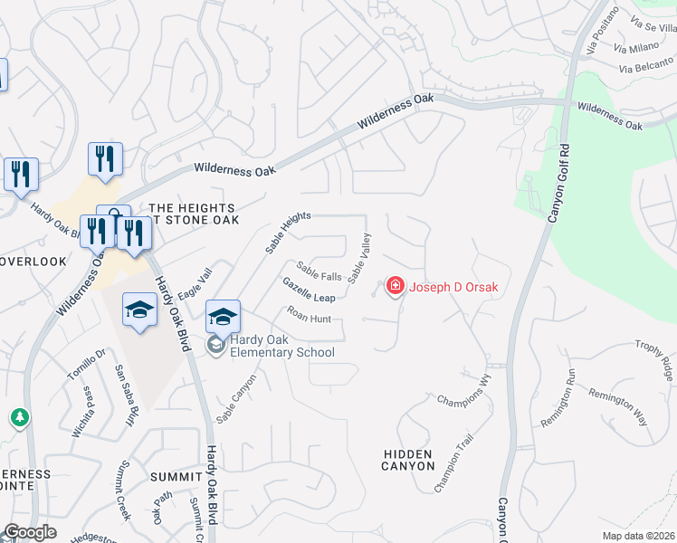 map of restaurants, bars, coffee shops, grocery stores, and more near 30 Impala Way in San Antonio
