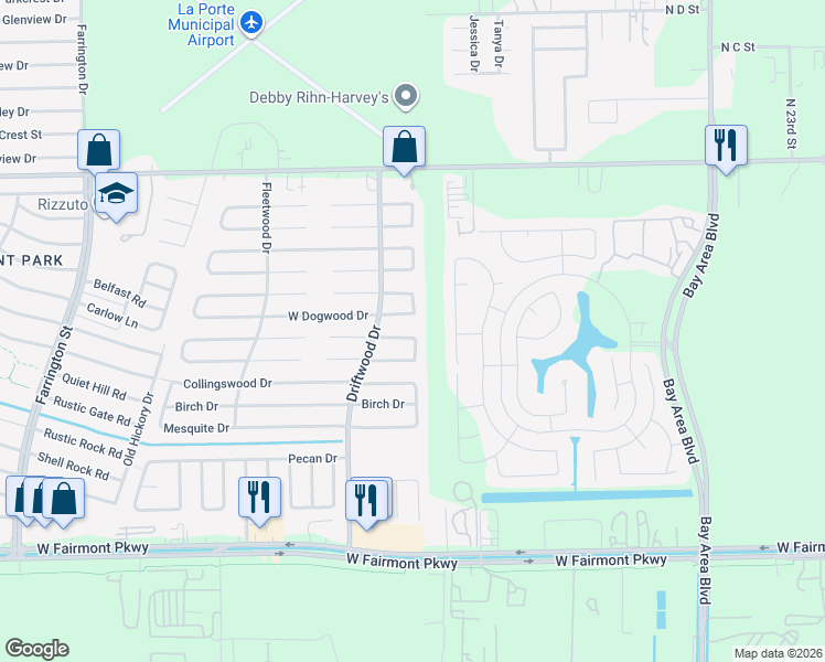 map of restaurants, bars, coffee shops, grocery stores, and more near 11013 Pinewood Court in La Porte