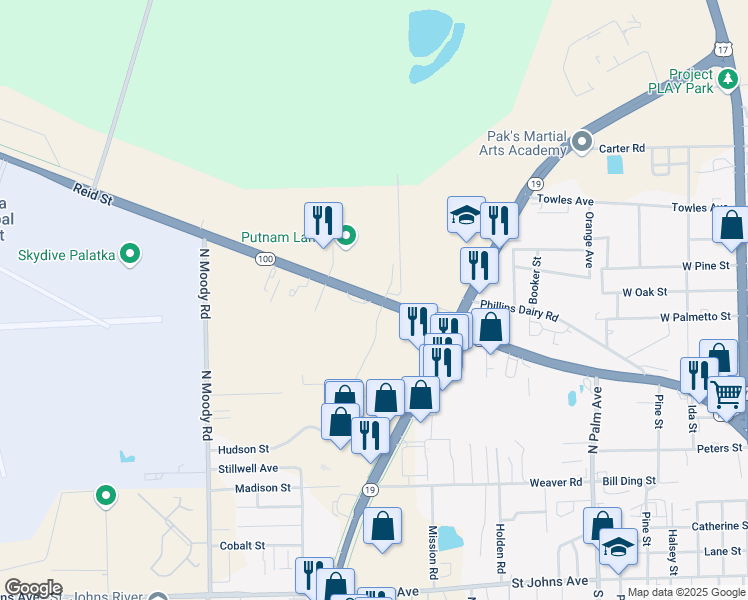 map of restaurants, bars, coffee shops, grocery stores, and more near Reid Street in Palatka