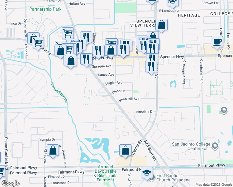 map of restaurants, bars, coffee shops, grocery stores, and more near 7202 Olson Ln in Pasadena
