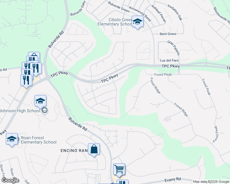 map of restaurants, bars, coffee shops, grocery stores, and more near 3558 Hilldale Point in San Antonio