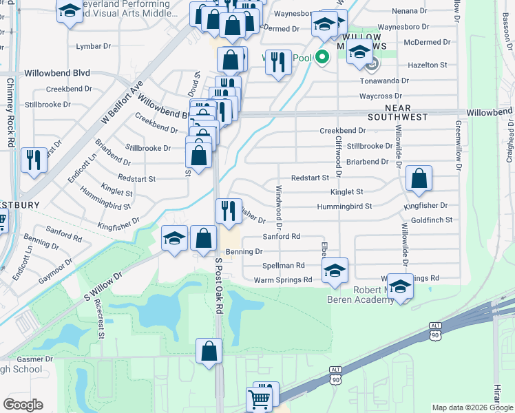 map of restaurants, bars, coffee shops, grocery stores, and more near 4825 Hummingbird Street in Houston