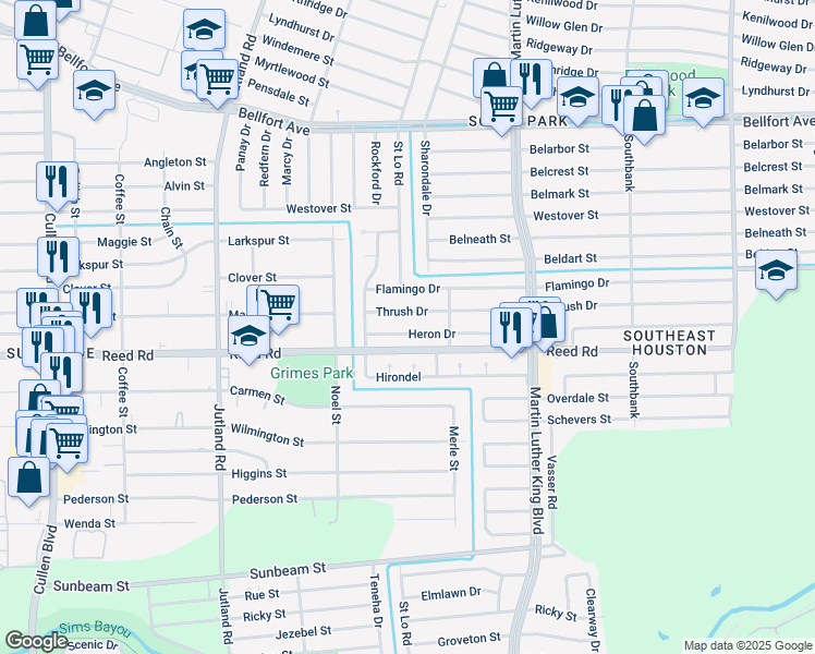 map of restaurants, bars, coffee shops, grocery stores, and more near 5503 Heron Drive in Houston
