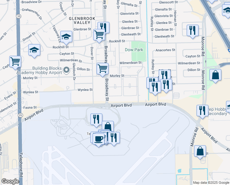 map of restaurants, bars, coffee shops, grocery stores, and more near 8955 Broadway Street in Houston