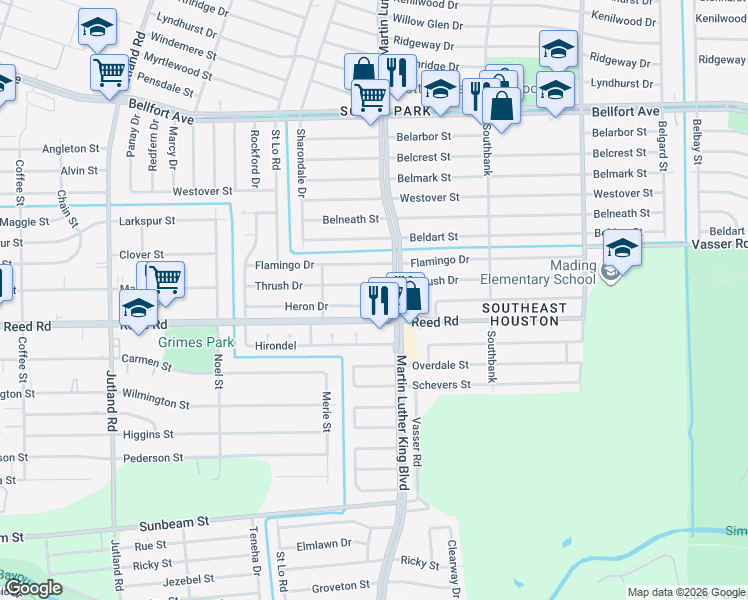 map of restaurants, bars, coffee shops, grocery stores, and more near 5643 Heron Drive in Houston