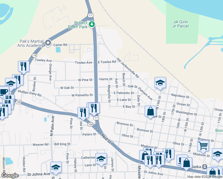 map of restaurants, bars, coffee shops, grocery stores, and more near 402 Magnolia Street in Palatka