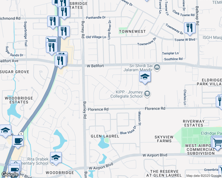 map of restaurants, bars, coffee shops, grocery stores, and more near 14114 Blue Falls Drive in Sugar Land