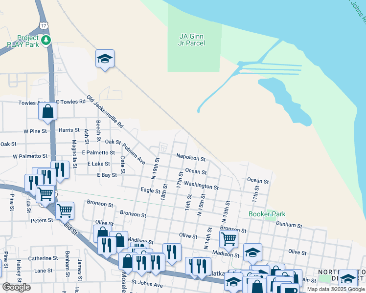 map of restaurants, bars, coffee shops, grocery stores, and more near 1703 Wapalaw Street in Palatka