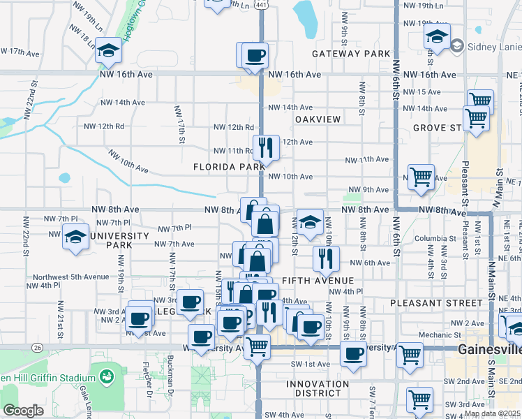 map of restaurants, bars, coffee shops, grocery stores, and more near 808 Northwest 13th Street in Gainesville