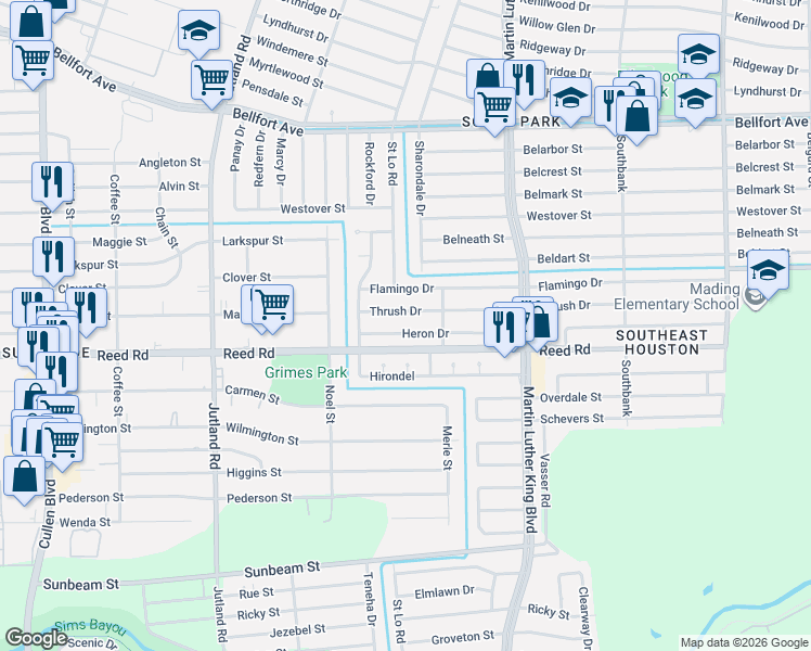 map of restaurants, bars, coffee shops, grocery stores, and more near 5503 Heron Drive in Houston