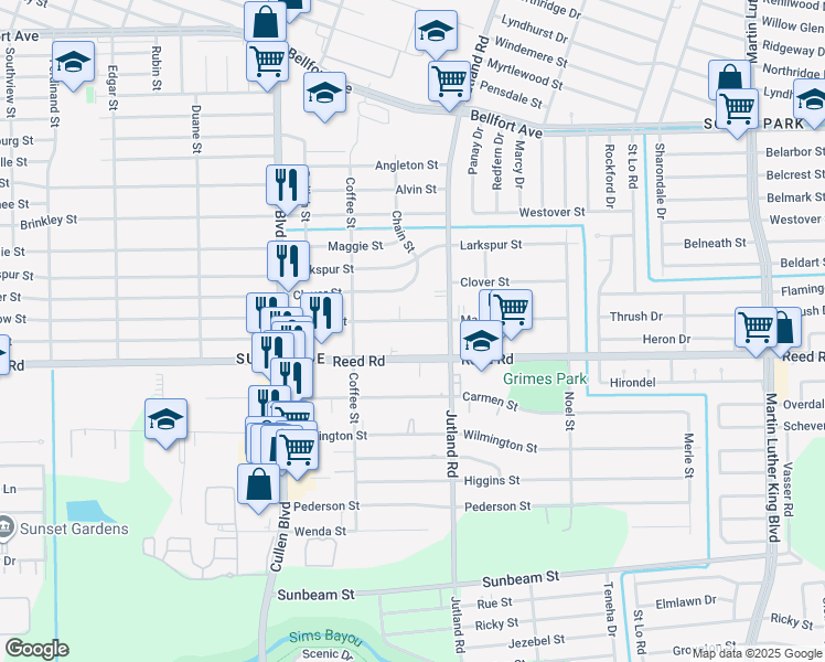 map of restaurants, bars, coffee shops, grocery stores, and more near 4906 Mallow Street in Houston