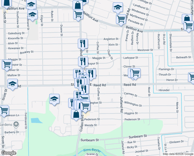 map of restaurants, bars, coffee shops, grocery stores, and more near 4742 Mallow Street in Houston