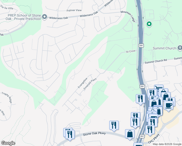 map of restaurants, bars, coffee shops, grocery stores, and more near 23157 Evangeline in San Antonio
