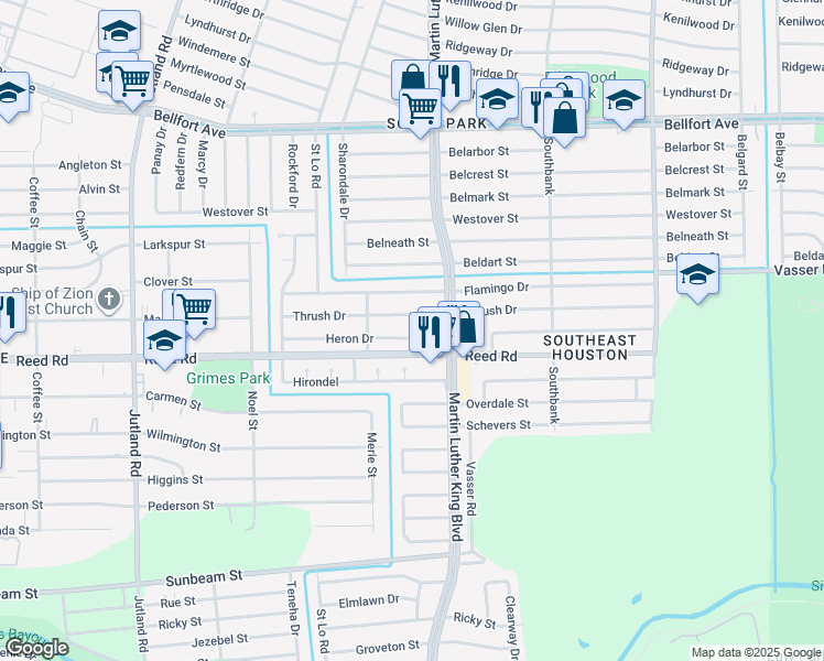 map of restaurants, bars, coffee shops, grocery stores, and more near 5635 Heron Drive in Houston