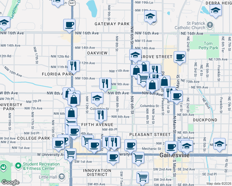 map of restaurants, bars, coffee shops, grocery stores, and more near 800 Northwest 8th Street in Gainesville