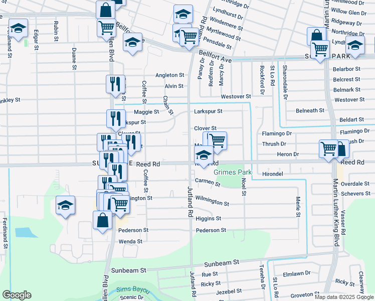 map of restaurants, bars, coffee shops, grocery stores, and more near 9102 Jutland Road in Houston