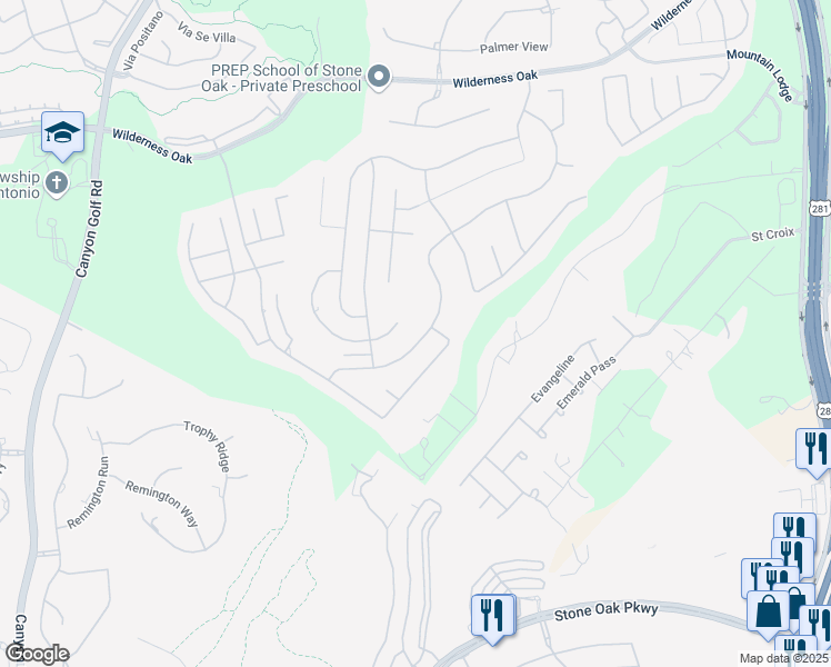 map of restaurants, bars, coffee shops, grocery stores, and more near 23447 Seven Winds in San Antonio