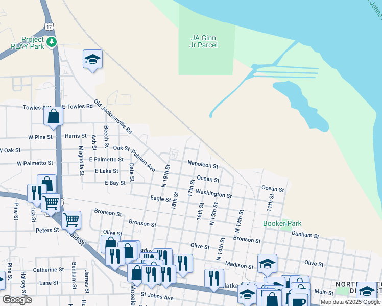 map of restaurants, bars, coffee shops, grocery stores, and more near 1703 Wapalaw St in Palatka