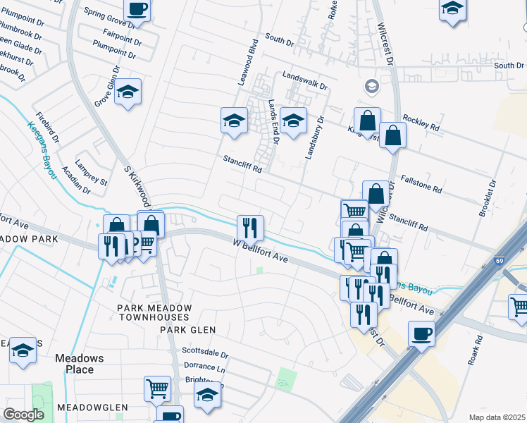 map of restaurants, bars, coffee shops, grocery stores, and more near 10703 Landover Lane in Houston