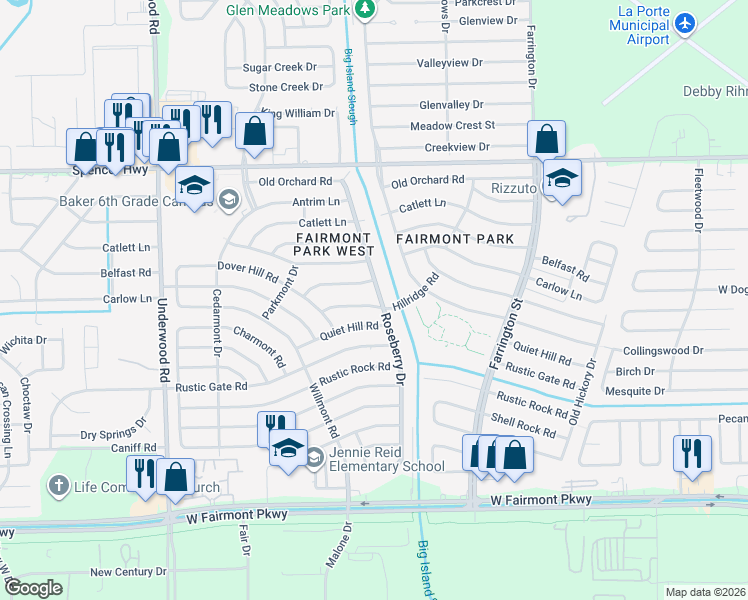 map of restaurants, bars, coffee shops, grocery stores, and more near 10119 Hillridge Road in La Porte