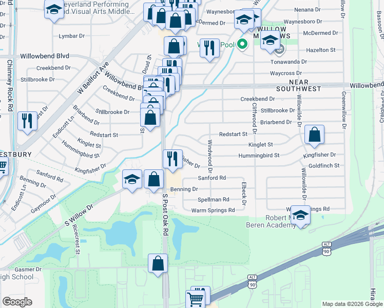 map of restaurants, bars, coffee shops, grocery stores, and more near 4825 Hummingbird Street in Houston