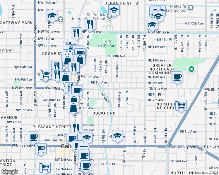 map of restaurants, bars, coffee shops, grocery stores, and more near 502 Northeast 8th Avenue in Gainesville