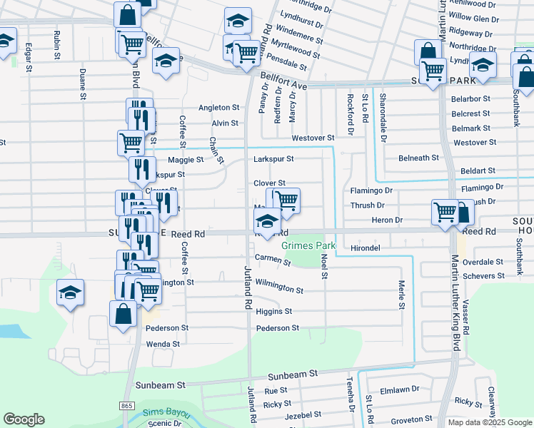 map of restaurants, bars, coffee shops, grocery stores, and more near 5022 Mallow Street in Houston