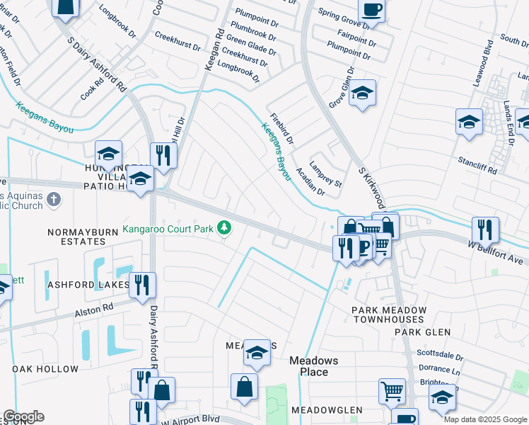 map of restaurants, bars, coffee shops, grocery stores, and more near 11546 Mulholland Drive in Stafford