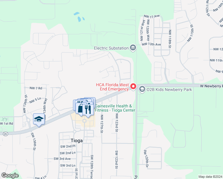 map of restaurants, bars, coffee shops, grocery stores, and more near 12558 Northwest 7th Lane in Newberry