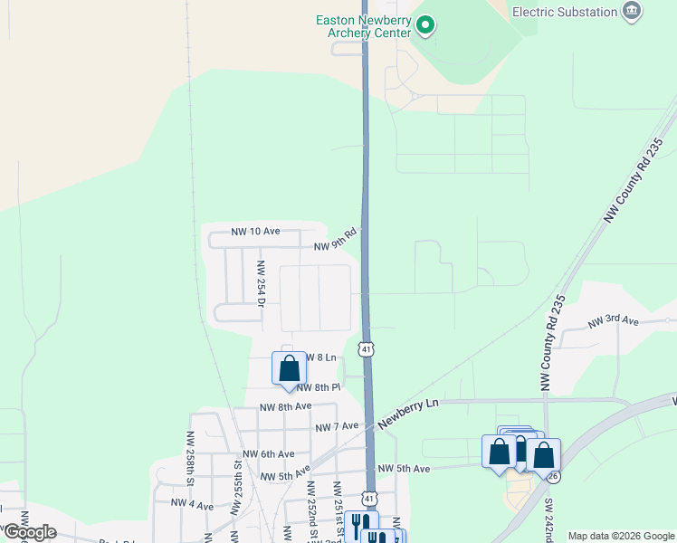 map of restaurants, bars, coffee shops, grocery stores, and more near 946 North West 250 Drive in Newberry