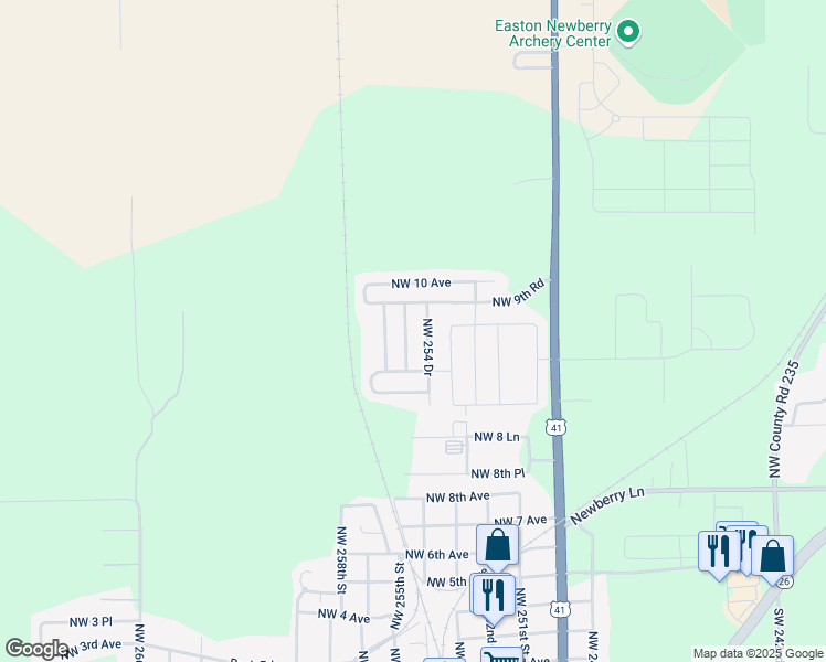 map of restaurants, bars, coffee shops, grocery stores, and more near 945 Northwest 255 Way in Newberry