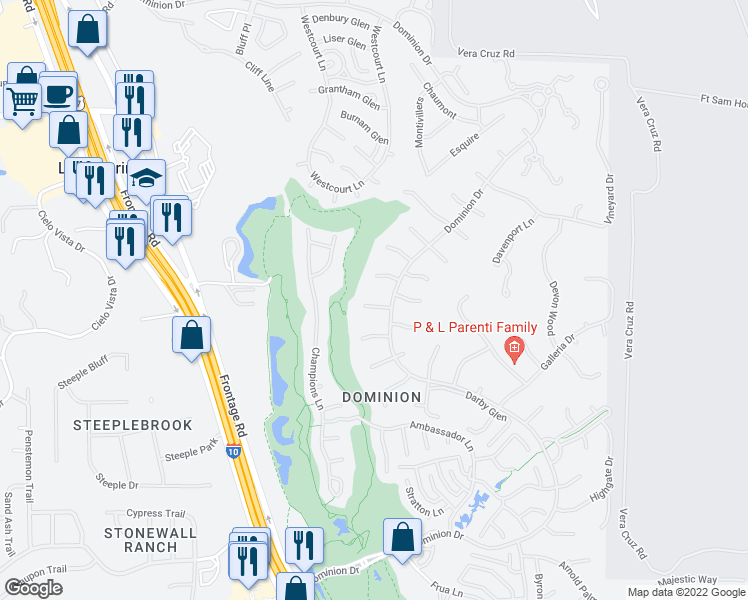 map of restaurants, bars, coffee shops, grocery stores, and more near 5 Henly Lane in San Antonio