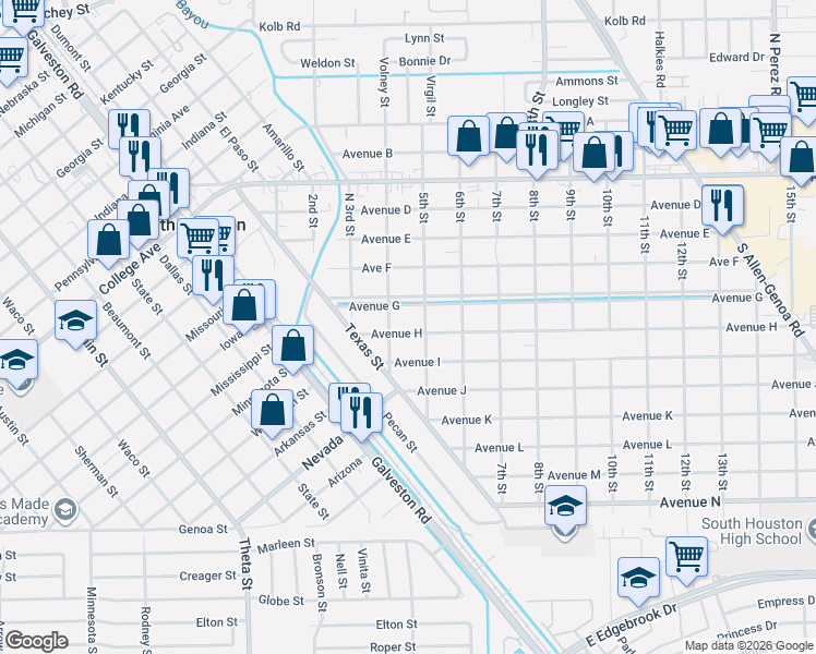 map of restaurants, bars, coffee shops, grocery stores, and more near 401 Avenue H in South Houston