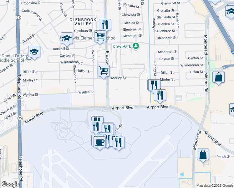 map of restaurants, bars, coffee shops, grocery stores, and more near 8955 Broadway Street in Houston