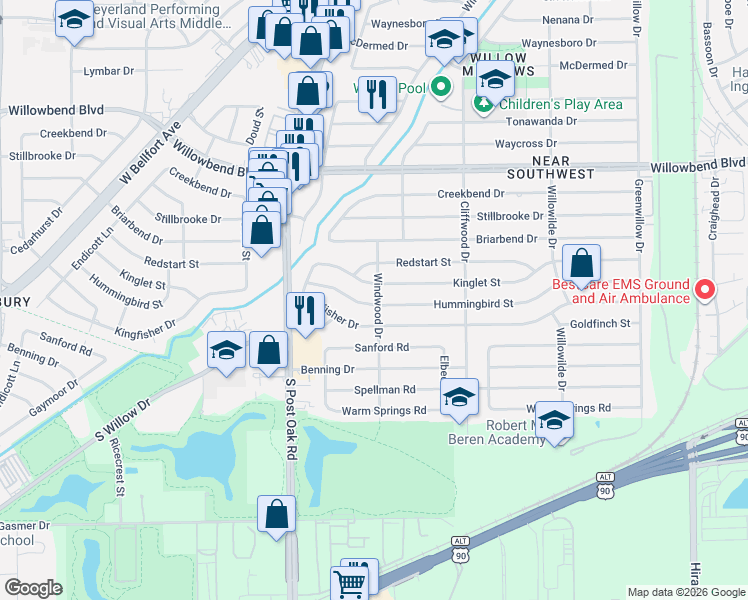 map of restaurants, bars, coffee shops, grocery stores, and more near 4800 Hummingbird Street in Houston