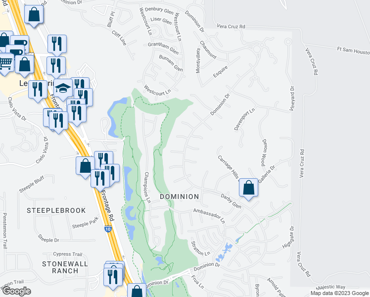 map of restaurants, bars, coffee shops, grocery stores, and more near Dominion Drive in San Antonio