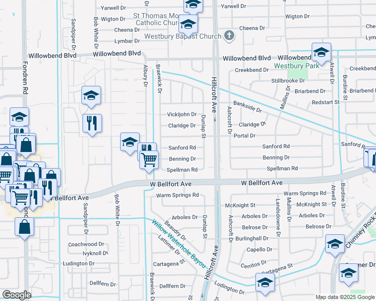 map of restaurants, bars, coffee shops, grocery stores, and more near 5939 Sanford Road in Houston