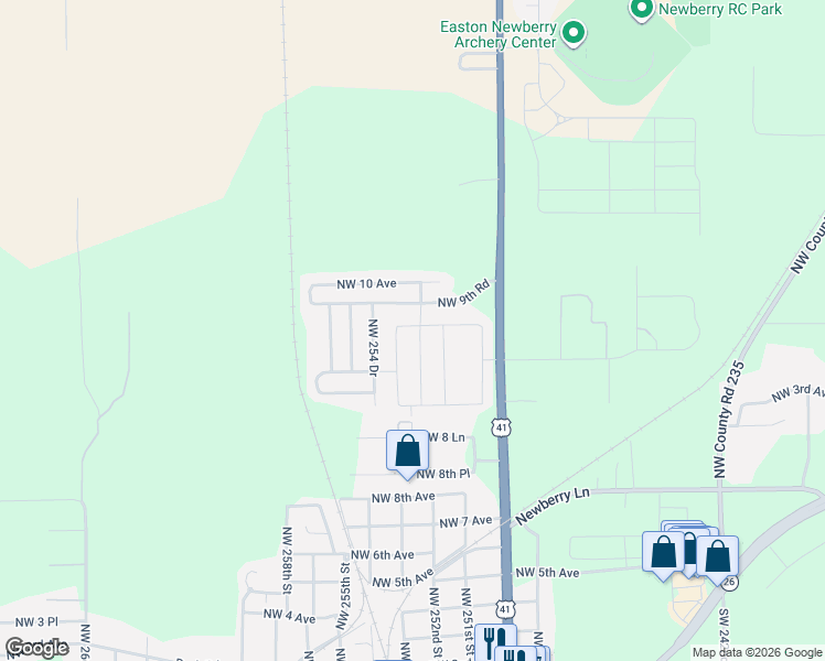 map of restaurants, bars, coffee shops, grocery stores, and more near 948 Northwest 253 Drive in Newberry