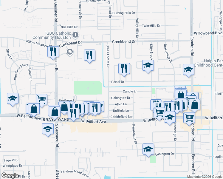 map of restaurants, bars, coffee shops, grocery stores, and more near 8022 Candle Lane in Houston
