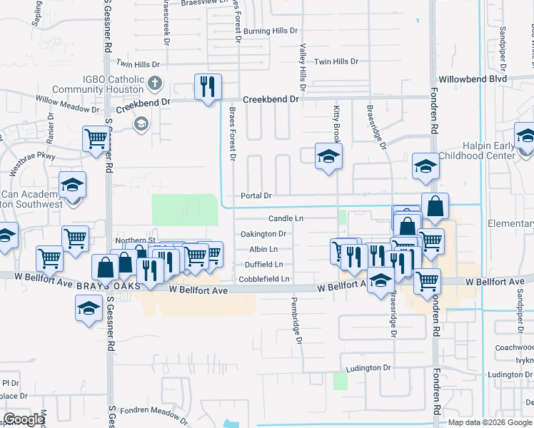 map of restaurants, bars, coffee shops, grocery stores, and more near 7926 Candle Lane in Houston