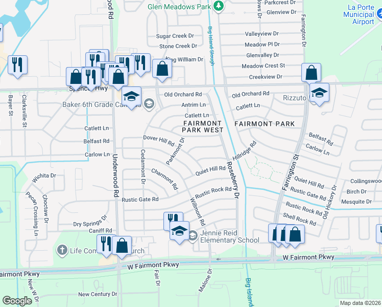 map of restaurants, bars, coffee shops, grocery stores, and more near 10002 Winding Trail Road in La Porte