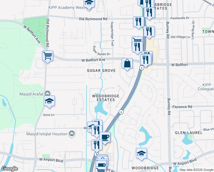 map of restaurants, bars, coffee shops, grocery stores, and more near 15118 Oldtown Bridge Ct in Sugar Land