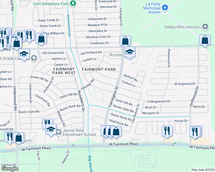 map of restaurants, bars, coffee shops, grocery stores, and more near 10334 Winding Trail Road in La Porte